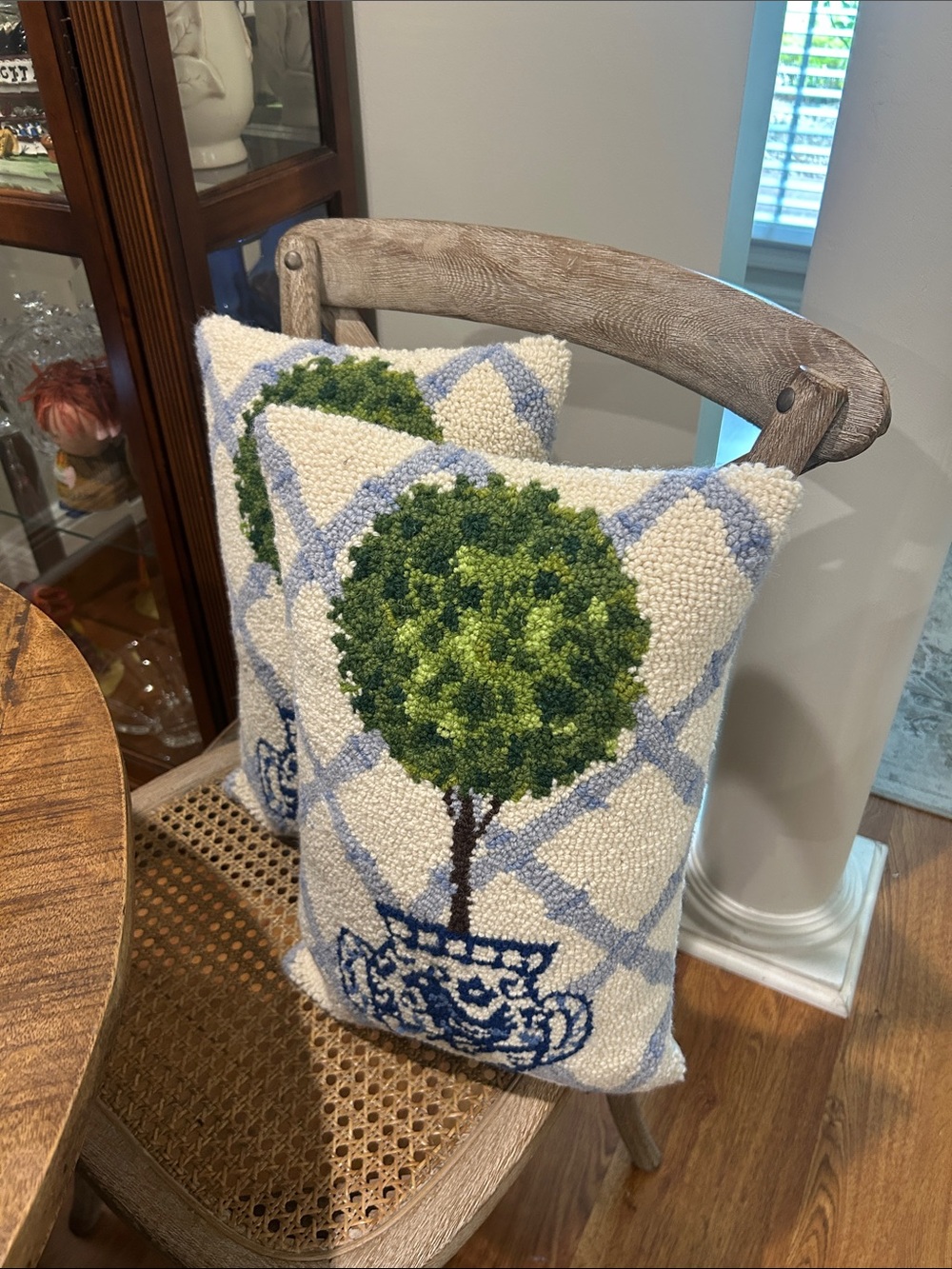 2 - a set - Decorative Green Topiary Hooked Pillow with Blue Planter